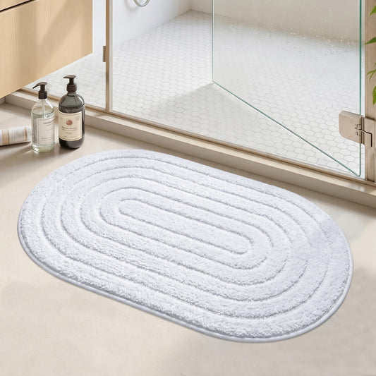 Cevolyn Oval Bathroom Rug, Ultra Soft Plush Microfiber Non Slip Absorbent Bath Mat, Neutral Aesthetic Modern Minimalist Cute Bath Rugs for Bathroom, Shower Room, Machine Washable, White, 20"x32"