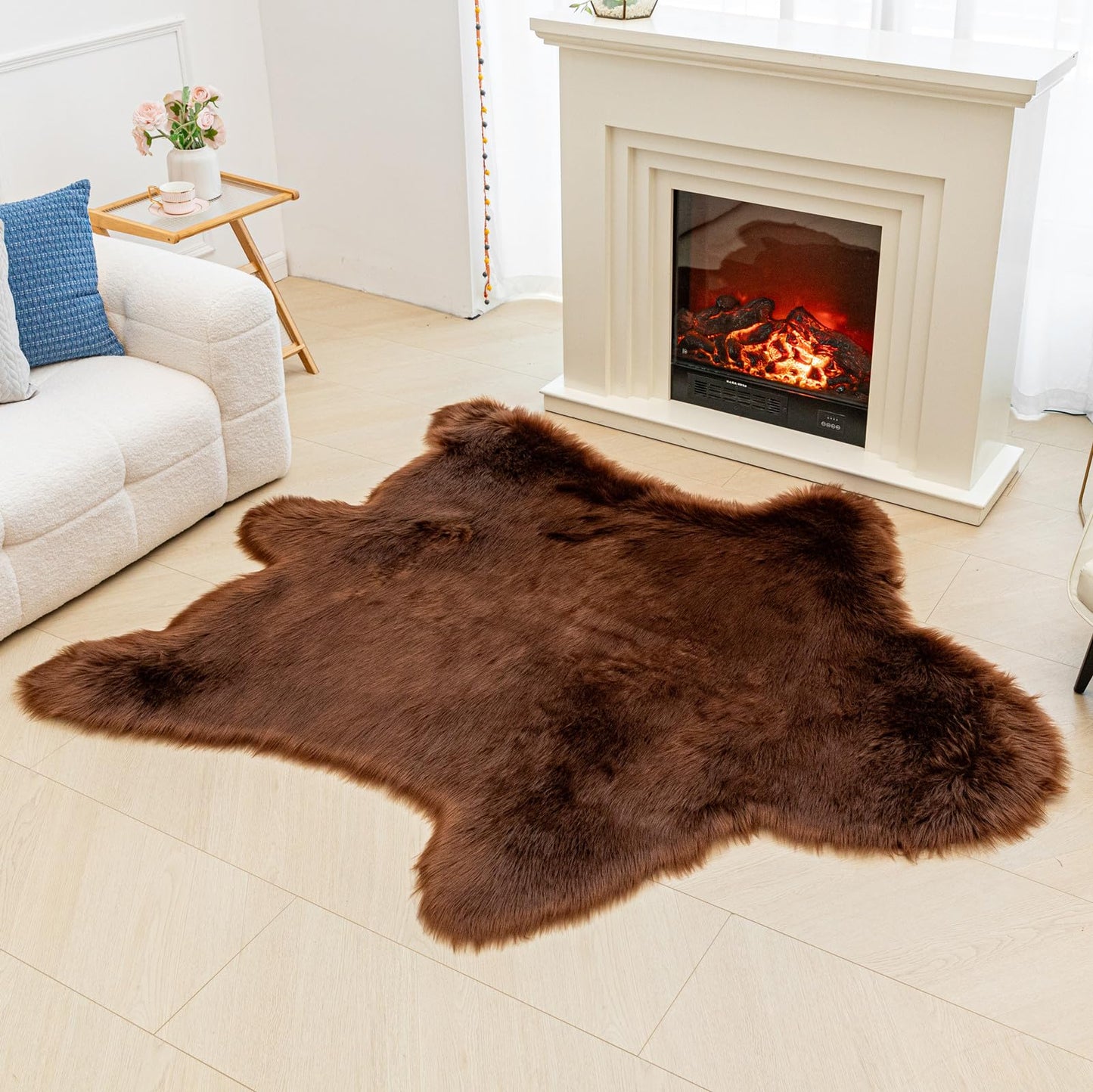 AbunHeri Brown Bear Rug Faux Cowhide Rug Animal Print Area Rug Faux Sheepskin Fur Carpet Decor for Living Room Brown 5.1x6.1 Feet