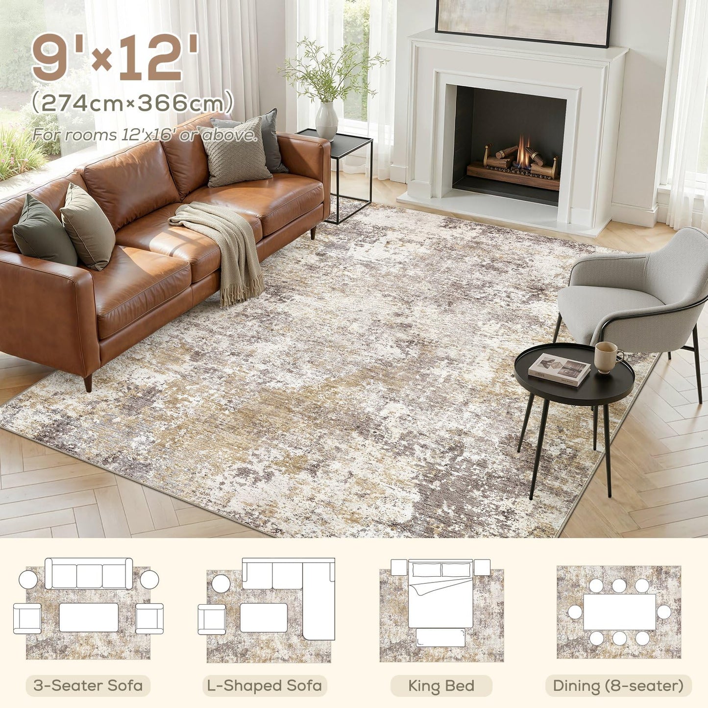 Nakagishi 9X12 Area Rugs for Living Room: Washable Modern Abstract Rug with Non-Slip Silicone Backing Low Pile Soft Carpet for Bedroom & Dining Decor Ideal for Families with Kids and Pets-Brown