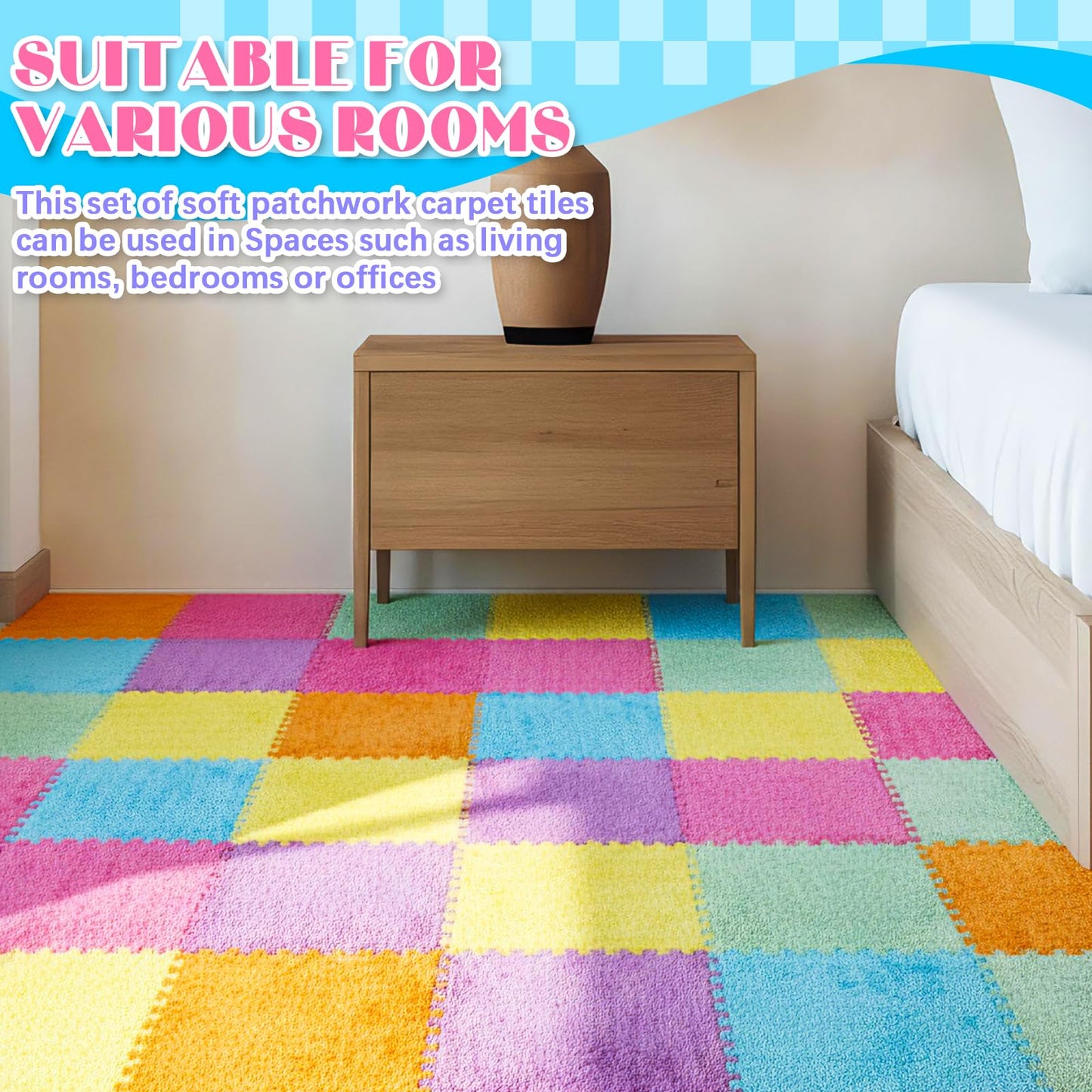 Tinideya 36 Pcs Plush Interlocking Carpet Tiles, 12 x 12 x 0.4 Inch EVA Foam Puzzle Mat Squares, Soft Washable Anti Slip Floor Mat for Bedroom, Nursery, Playroom, Living Room, Macaron Colors