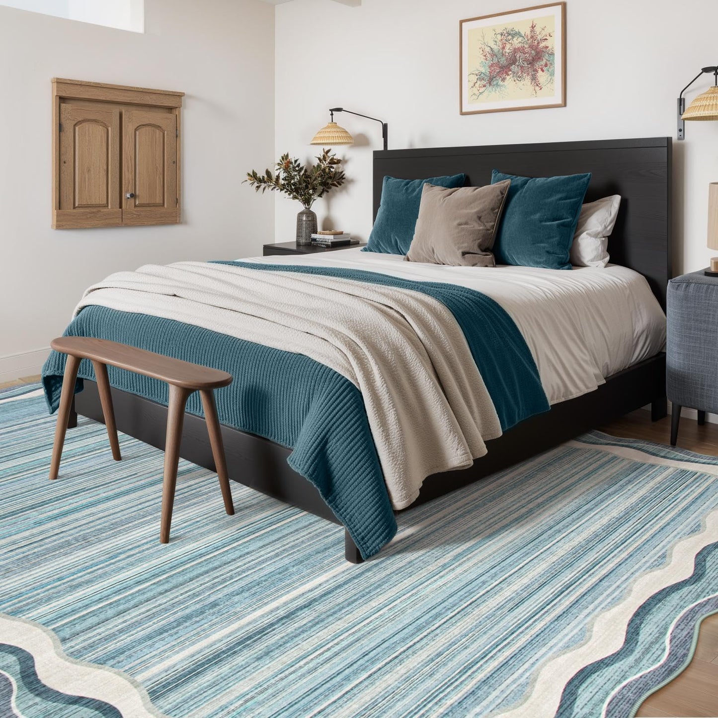 Lahome Estelle Scalloped Modern Washable Rugs 5x7, Blue Rugs for Bedroom Soft Living Room Rug, Abstract Minimalist Non Slip Low Pile Throw Carpet for Dining Room Home Office (Blue,5x7)
