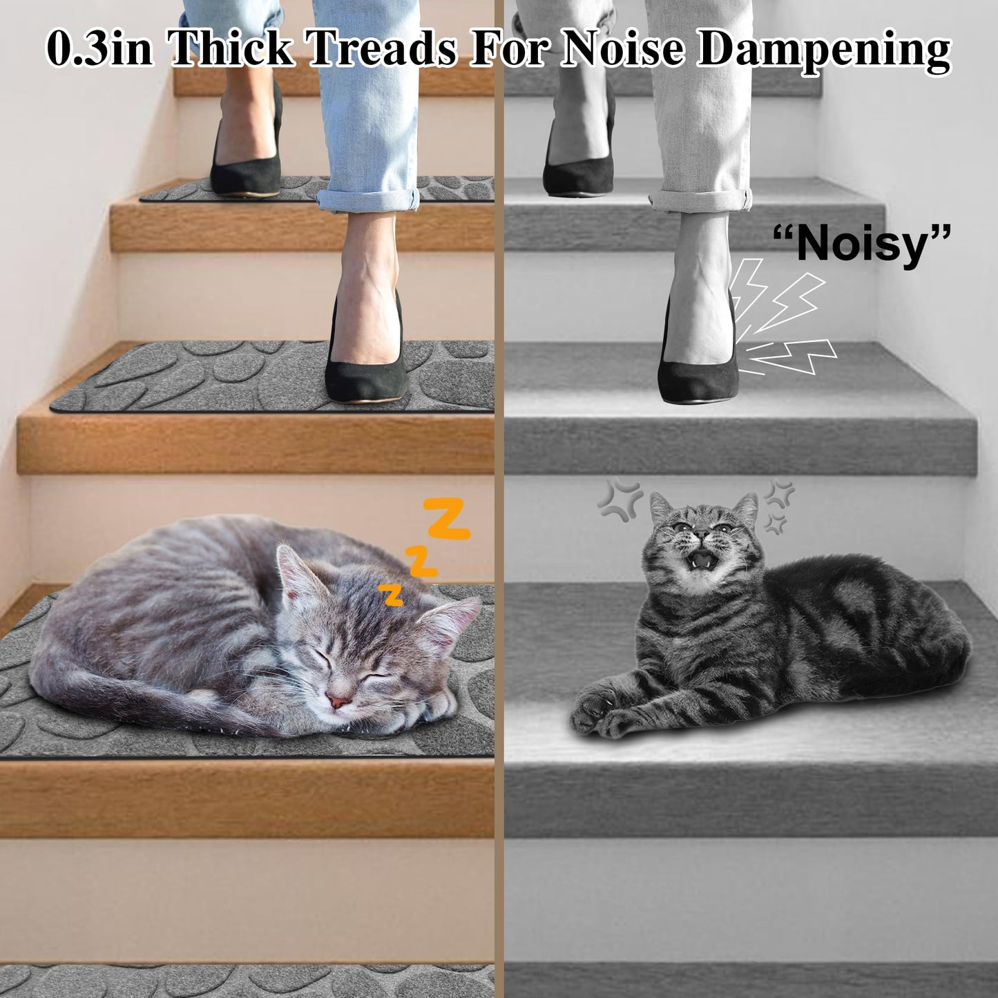 Self Adhesive Residue Free Machine Washable Reusable Stair Treads Non Slip Steps - 100% Polyester Heavyduty TPE Backing Wooden Stair Runner Indoor - 15 Pack 30"X8" Anti Slip Mats - Stone Grey