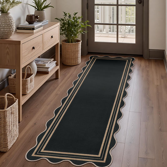 LORWER Scalloped 2x6 Kitchen Runner Rug, Washable Rugs for Entryway Non Slip Outdoor Indoor Black Hallway Rug, Farmhouse Morden Carpet for Entry Bedroom Laundry