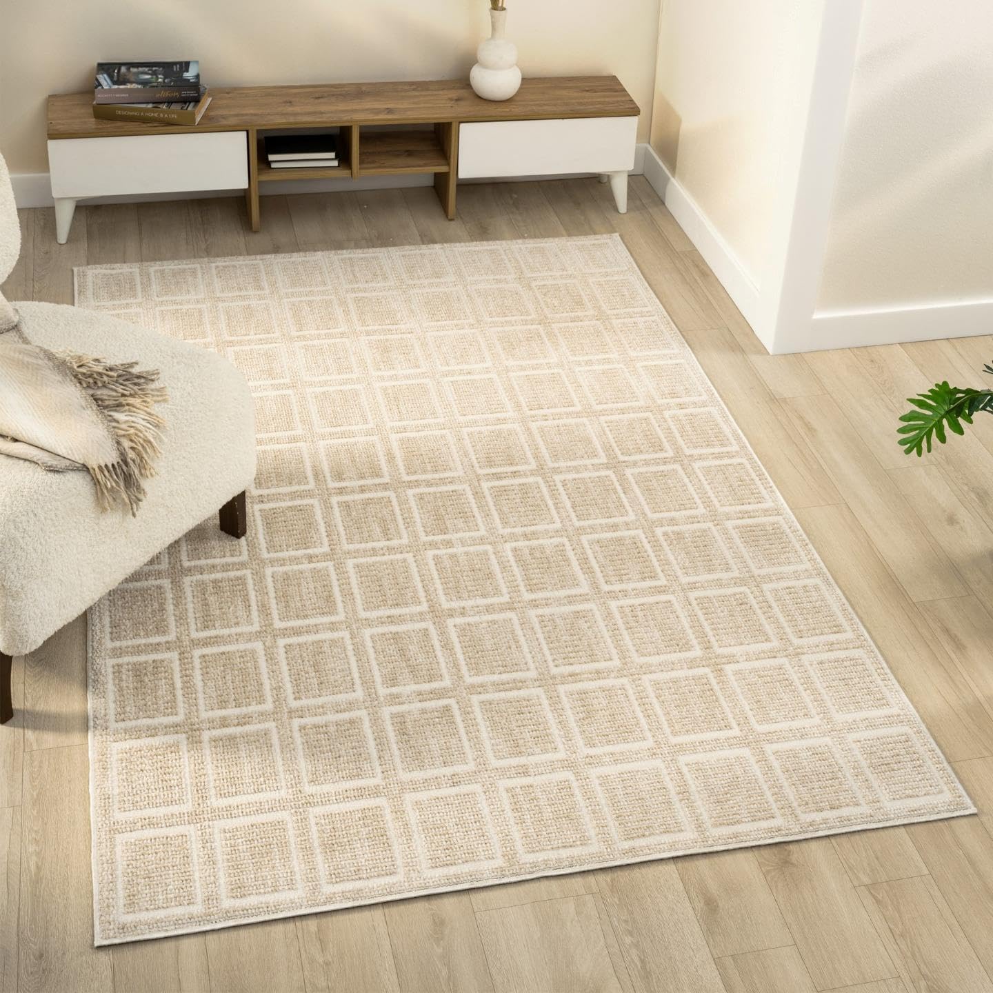 LUXE WEAVERS Modern Geometric Grid Beige 5x7 Area Rug, Bedroom Carpet