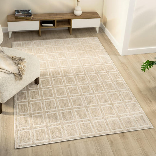 LUXE WEAVERS Modern Geometric Grid Beige 5x7 Area Rug, Bedroom Carpet