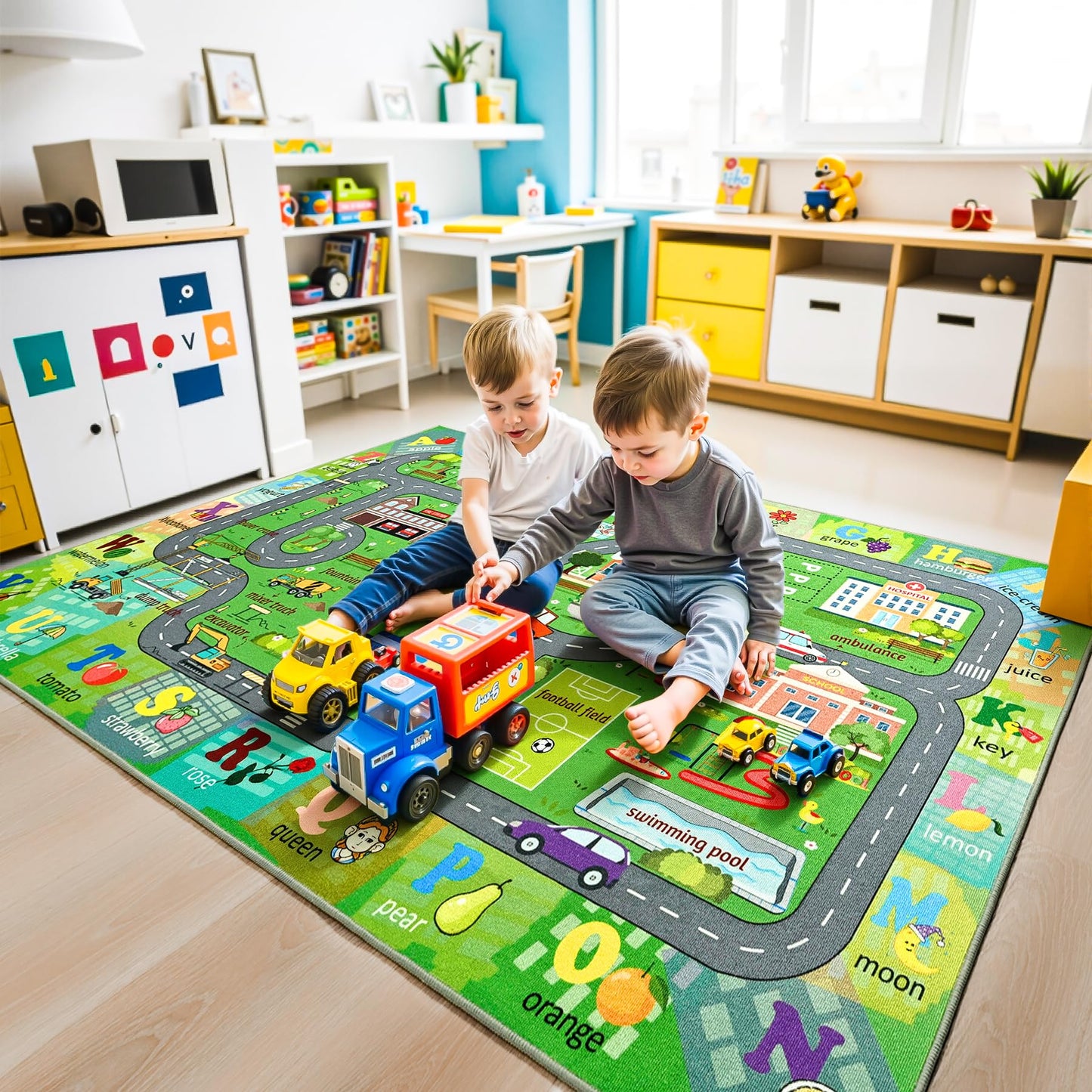 Chicrug 5x7 Car Road Area Rug for Kids Playroom Bedroom, Non Slip Low Pile Washable ABC Alphabet Carpet for Classroom, Track Play Mat for Toddler Children Nursery Baby Room Decor, Dark Green