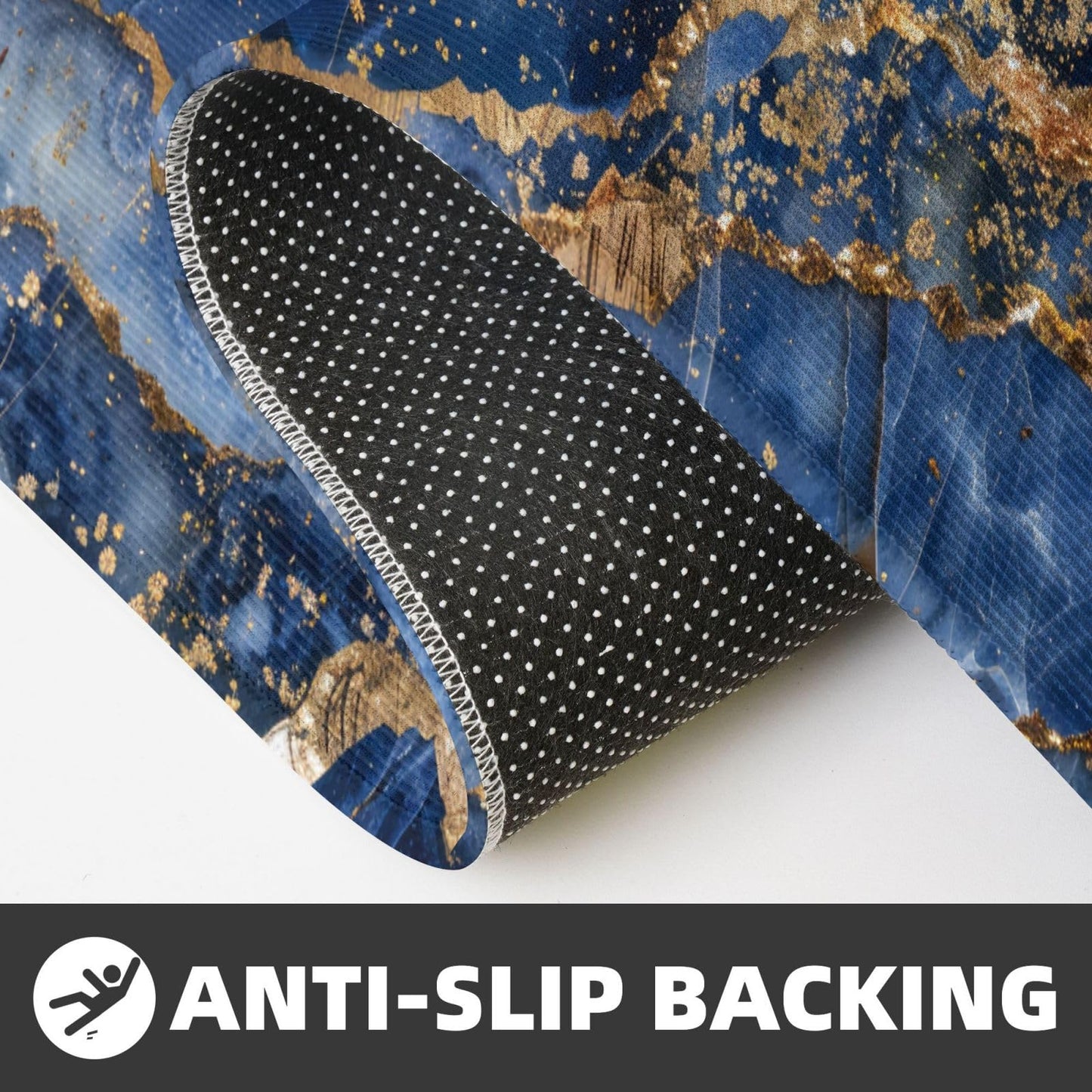 Sovvin Blue Gold Marble Kitchen Rugs Microfiber Floor Mats Cushioned Carpet Runner Rug for Laundry Bathroom Living Room, 2 Piece Set 17"X 47" + 17"X 30"