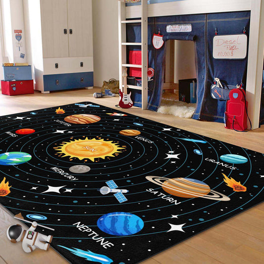 Kids Carpet Outer Space Rug, Solar System Mat 5x7 FT, Fun Game Boy Girl Kids Rug Carpet for Children Bedroom, Space Area Floor Mat for Living Room Nursery Room Toddler Classroom Decor