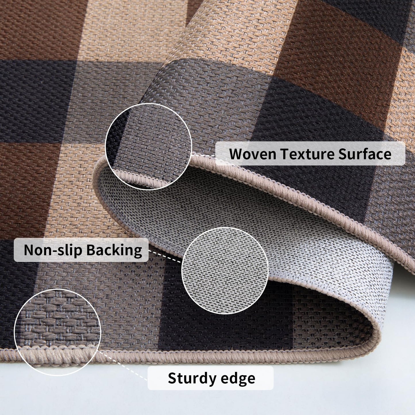 Tangsoo Checkered Easy Jute Rug 5x7 Large Washable Area Rug for Dining Room,Non-Slip Black Brown Indoor Outdoor Rug,Modern Thin Mat Outdoor Carpet for Living Room Bedroom Patio