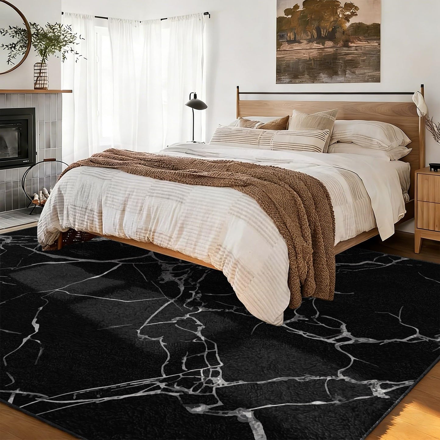 RSJLFHE 2x3ft Area Rug for Living Room, Modern Minimalist Black White Marble Washable Rug, Non Slip Low Pile Stain Resistant Soft Indoor Carpet for Bedroom Dining Room Office Home Decor