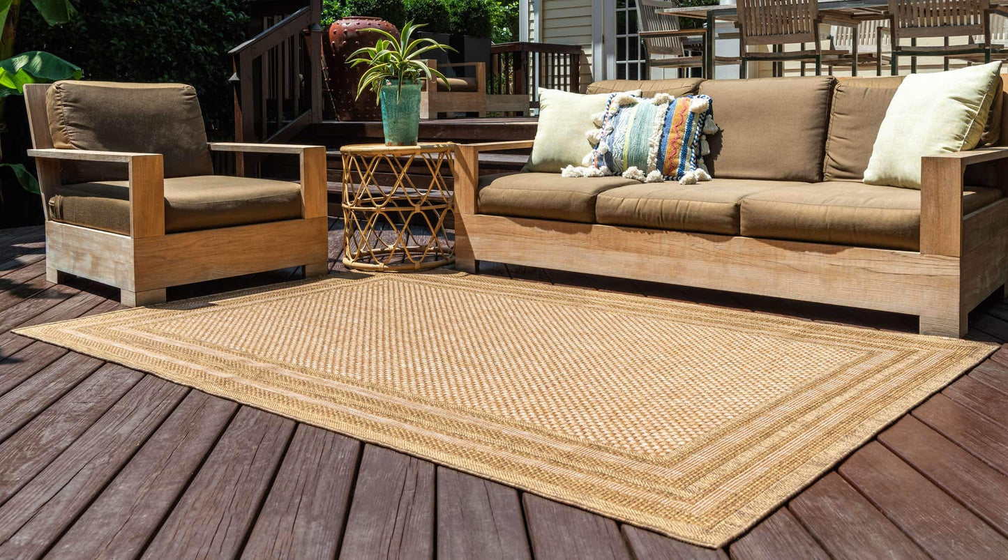 Unique Loom Outdoor Border Collection Area Rug - Multi Border (5' 3" x 8' Rectangle, Tan/ Light Brown)
