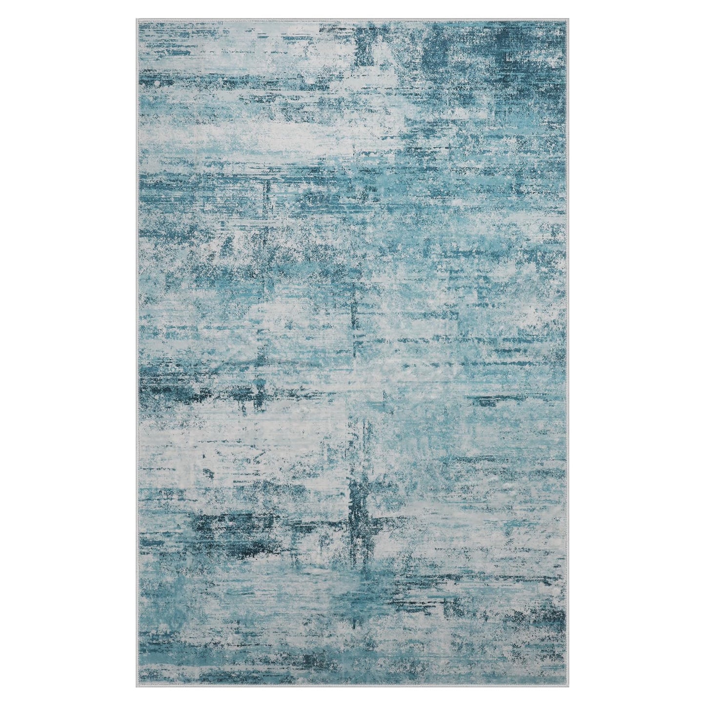 FLYRUGGO 4x6 Abstract Rug for Entryway, Modern Teal Grey Washable Indoor Entry Way Area Rugs, Thin Soft Non-Slip Carpet Door Mat for Dining Room Kitchen Bedroom - Teal+Gray