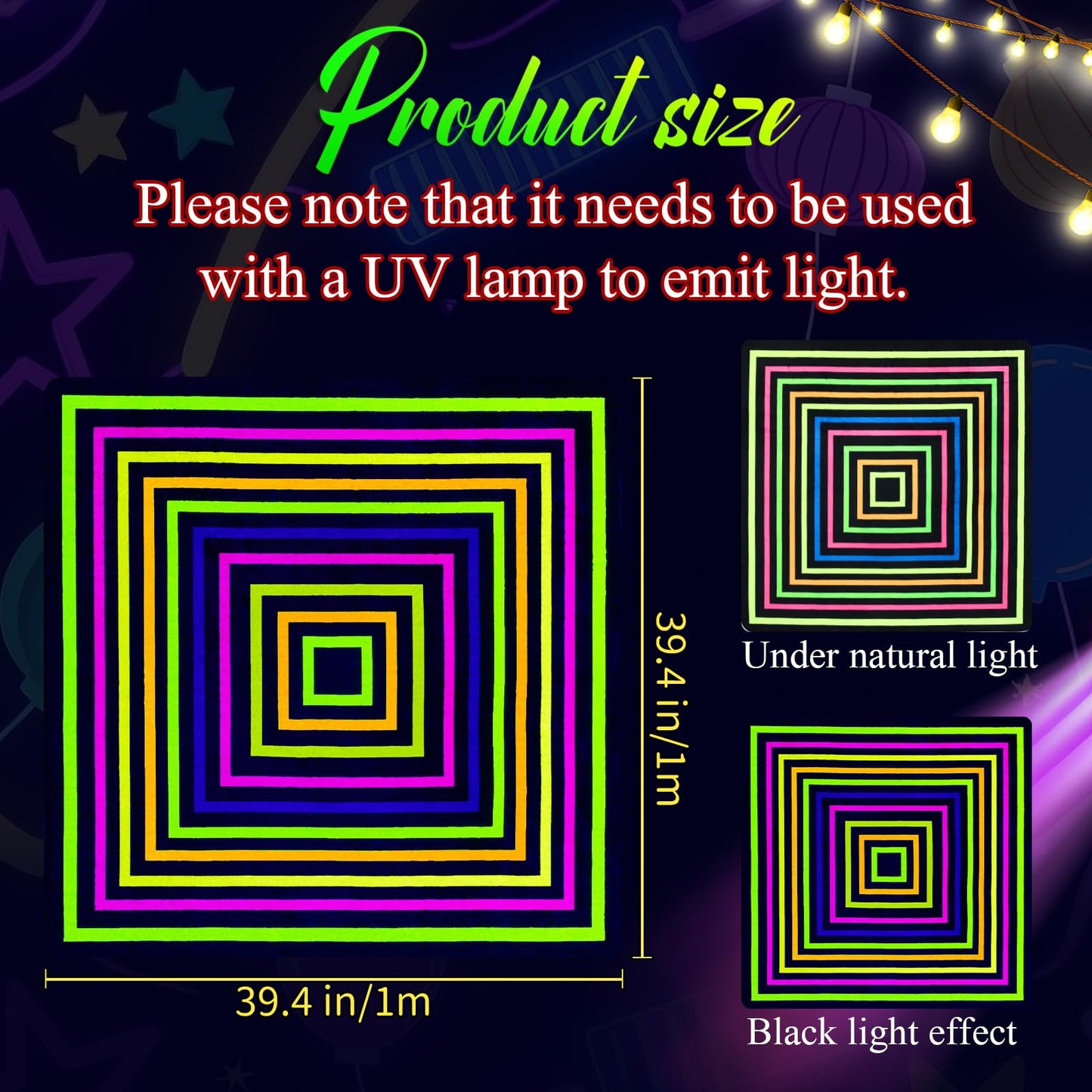 Duraaamo 39×39'' Neon Dance Floor, Glow in The Dark Dance Floor 80s 90s Party Decoration, Blacklight Rug UV Reactive Fluorescent Non-Slip Carpet Runner for Birthday Game Playroom(Square)