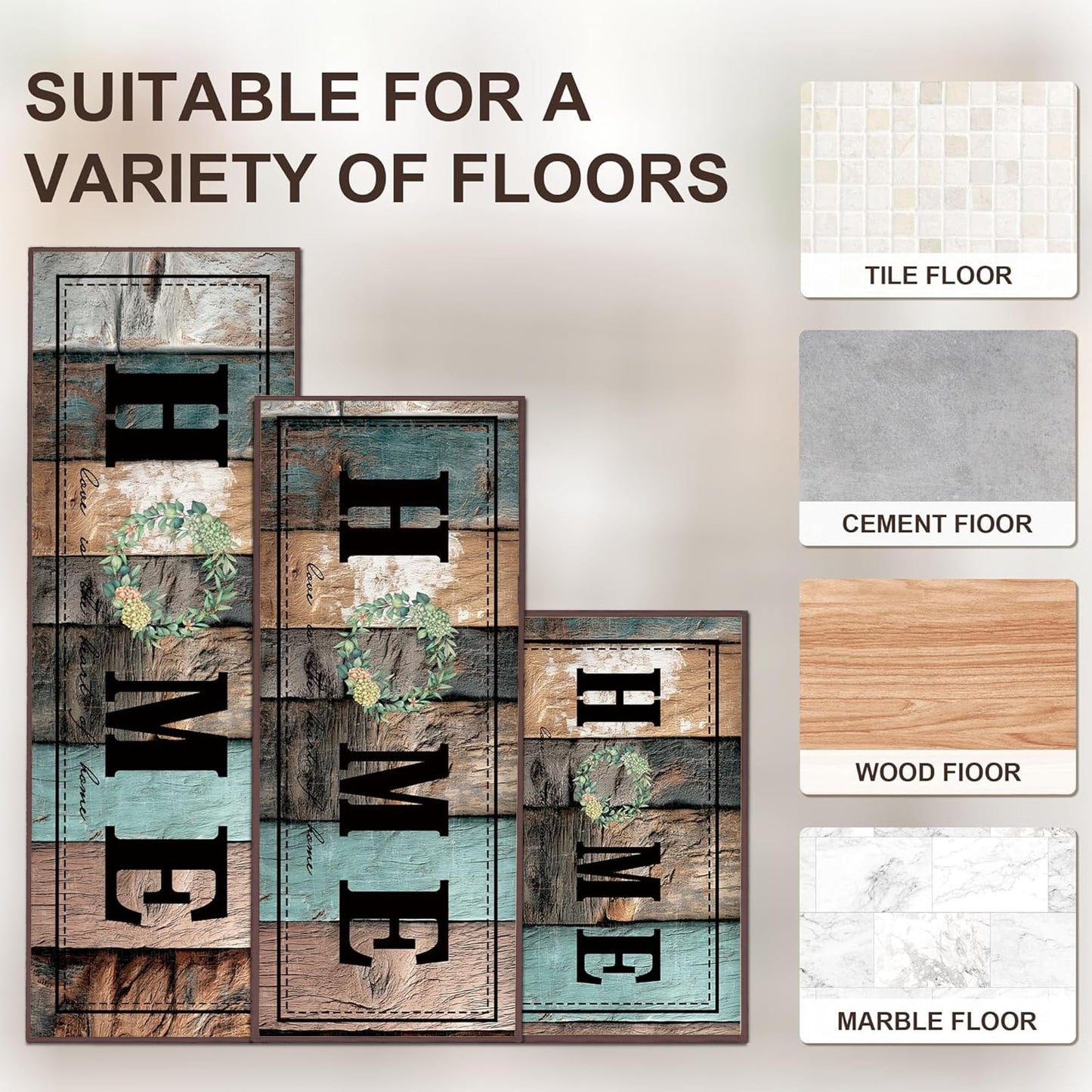 Tritard 100% Non Slip Kitchen Rugs Sets of 3 Farmhouse Washable Kitchen Mats for Floor Non-Skid Kitchen Runner Rug Soft Rustic Kitchen Floor Carpet for Hallway, Laundry, Sink, Office, Rustic