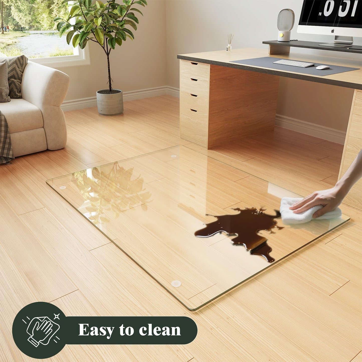 Koonmi Tempered Glass Chair Mat for Hardwood Floors & Carpets, 46" x 46“ Transparent Heavy Duty Office Floor Protector with Noise-Free Gliding Shatterproof for Home Office Desk