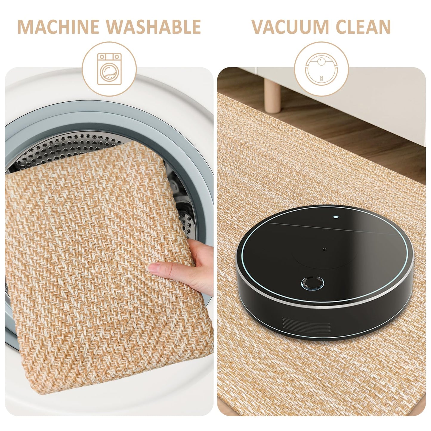 Washable Runners for Hallways 2x8 ft Kitchen Runner Non Slip Rubber Backed Hall Runners Cotton Entryway Runner Rugs Floor Carpet Floor Rugs for Living Room Indoor Backdoor Bedroom Kitchen(Khaki/Ivory)