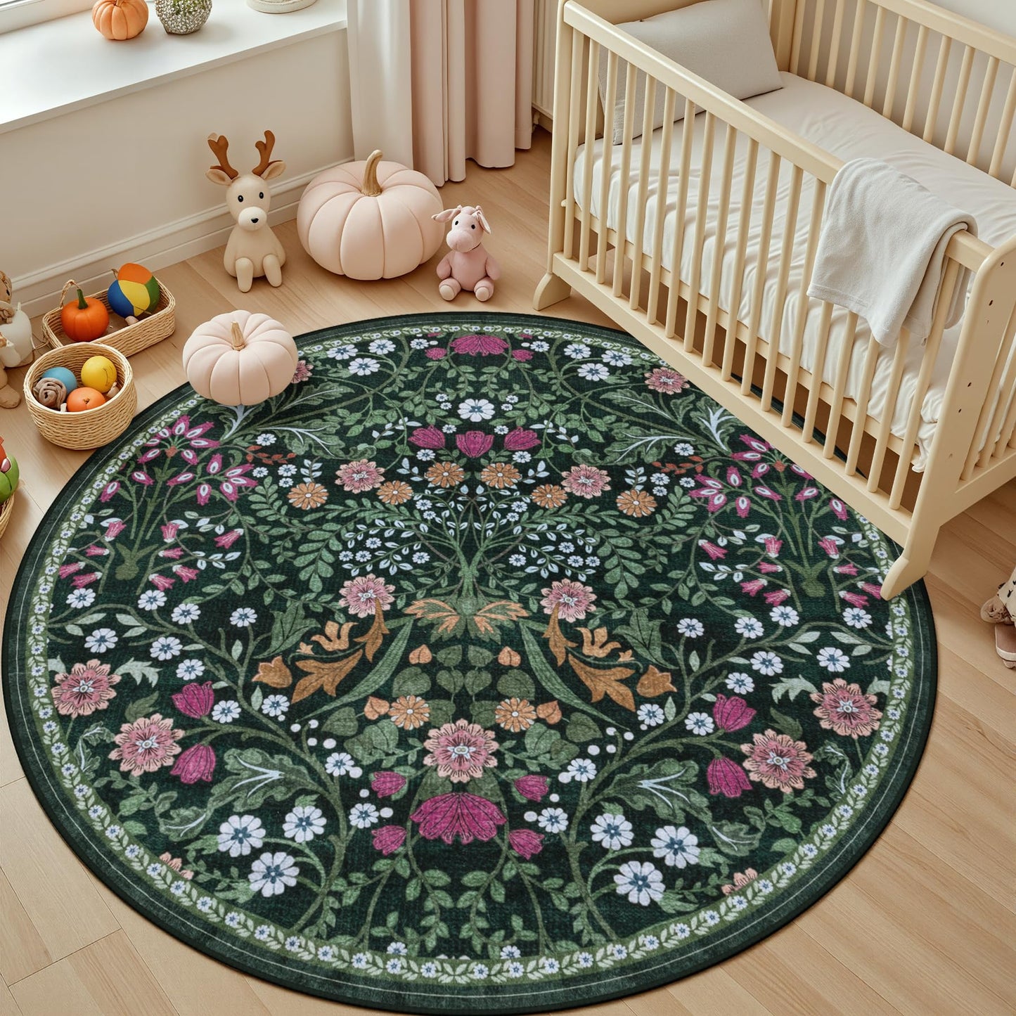 Round Area Rug for Living Room: 6 ft Floral Washable Circle Rug Soft Boho Non-Slip Carpet Indoor Stain Resistant Low Pile Small Circular Rug for Bedroom Entryway Kitchen Nursery Home Office Dark Green