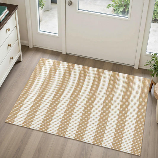 Rugalia Washable Woven Indoor Outdoor Doormat, 2x3 Khaki Cotton Striped Entryway Rug Low Pile Non-Slip Small Kitchen Rug, Modern Farmhouse Throw Carpet for Porch Bathroom Bedroom