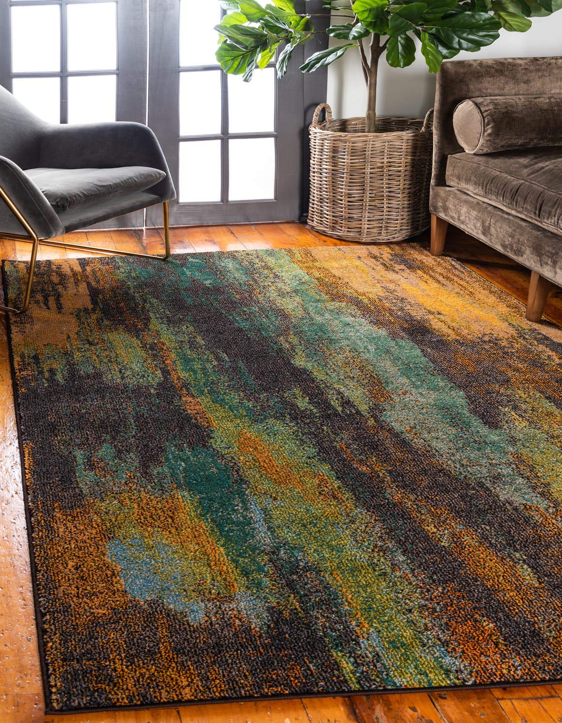 Unique Loom Jardin Collection Colorful, Vibrant, Abstract Watercolor Area Rug (9' 0 x 12' 0 Rectangular, Multi/ Orange)
