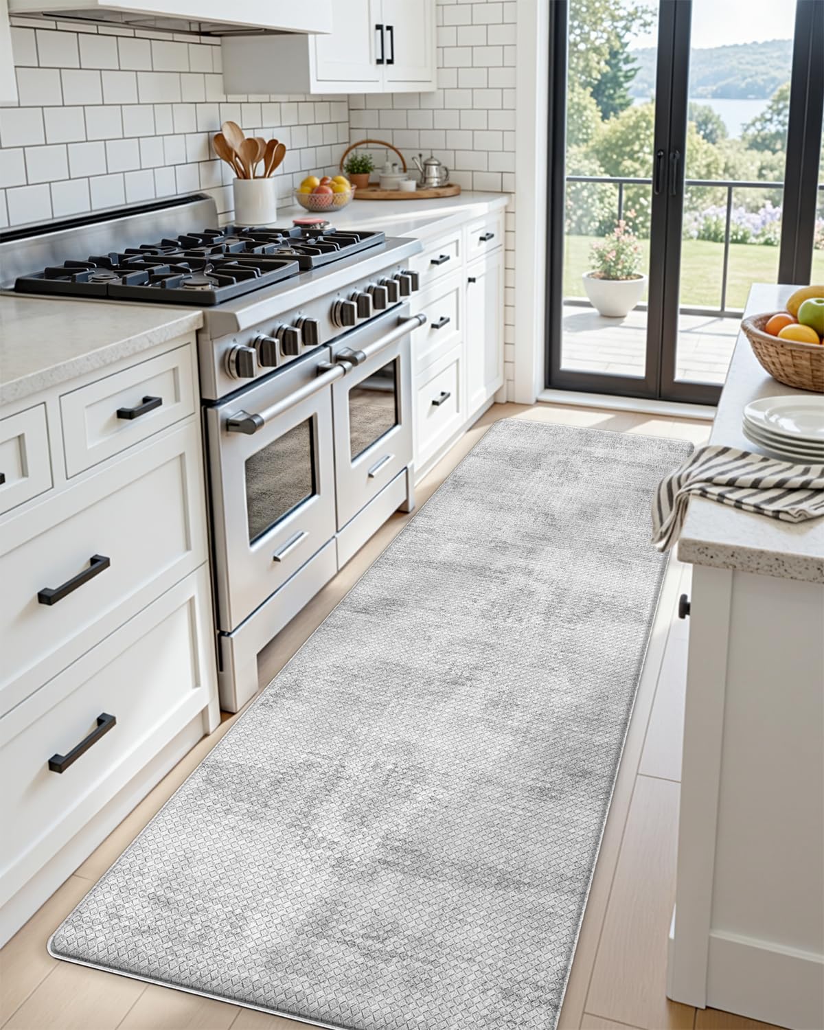 DEXI Kitchen Mats Cushioned Anti Fatigue, 23x86 Floor Padded Runner Rug Non Slip, Waterproof Standing Comfort Memory Foam for Front Sink Laundry, Light Grey