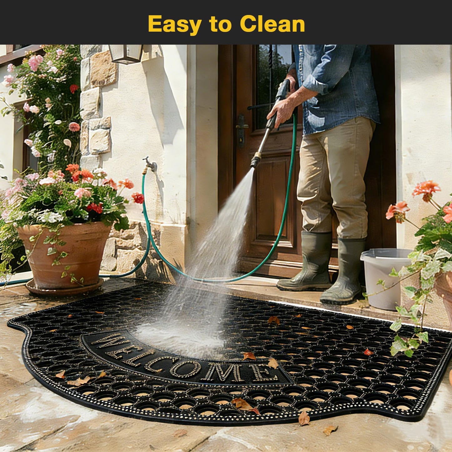 23”x35” Black Non Slip Waterproof Welcome Rubber Door Mat with Holes, Outdoor Rubber Mats with Drainage for Entrance,Patio,Garage,Restaurant and Bar, Commercial Floor Mats Outdoor that Drain Water