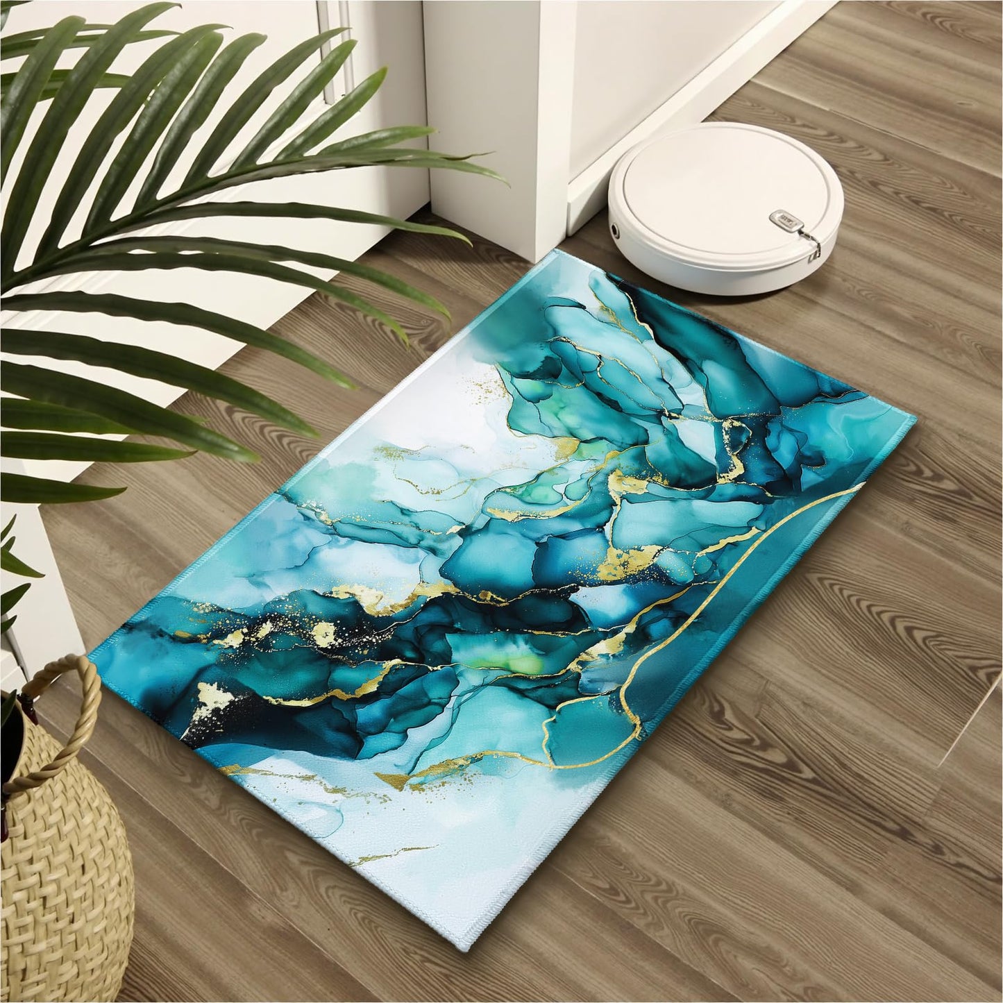 Evlaschin Teal Blue Marble Bath Rug, Abstract Marbling Print Bathroom Mats 32x20 Inch, Luxury Turquoise Gold Non-Slip Absorbent Bathroom Rugs for Bedside Shower Room Bathtub Kitchen Sink