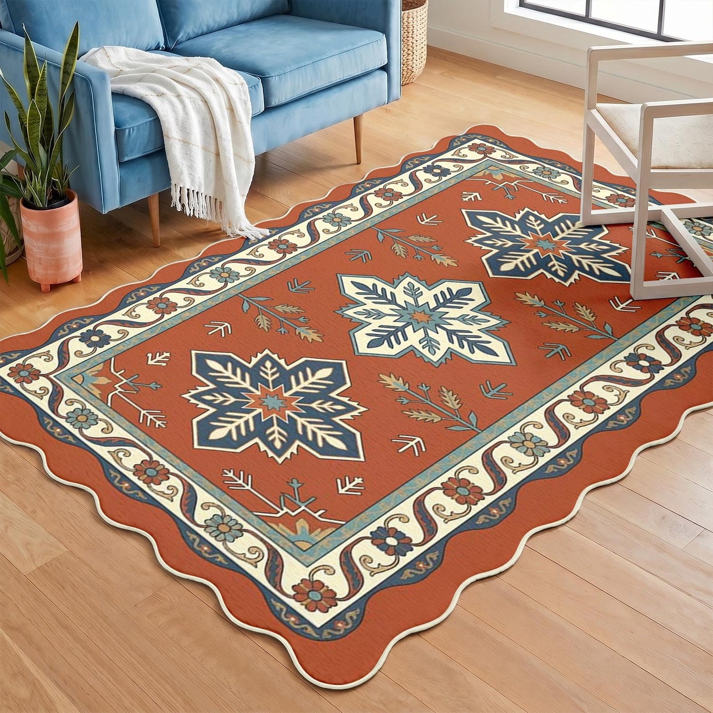 Cosovia Washable Scalloped Area Rug 5x7, Boho Aztec Geometric Low Pile Non Slip Indoor Floor Carpet Mat Southwestern Star Rugs for Living Room, Bedroom, Home Office and Dorm Decor