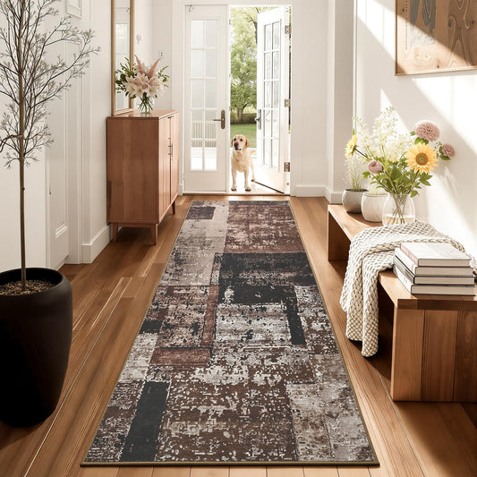 LOCHAS Washable Runner Rugs for Hallway, 2x6 Non Sip Kitchen Rug Runner for Bedroom Entryway Laundry Room, Long Abstract Runner Carpet for Bedside Floor, Brown Geometric Vintage Decor