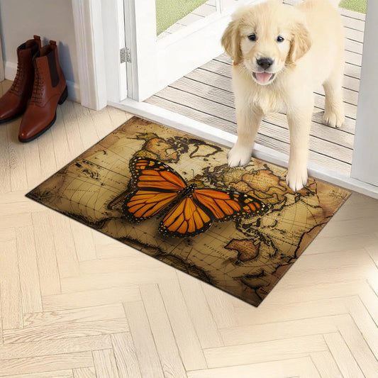 WWUSWYT Vintage Map Butterfly Doormat 17x29.5 Inch, Butterfly on Old World Map Indoor Door Mat, Retro Theme Non-Slip Welcome Rug Gifts for Living Room, Kitchen, Bedroom,Farmhouse Decor