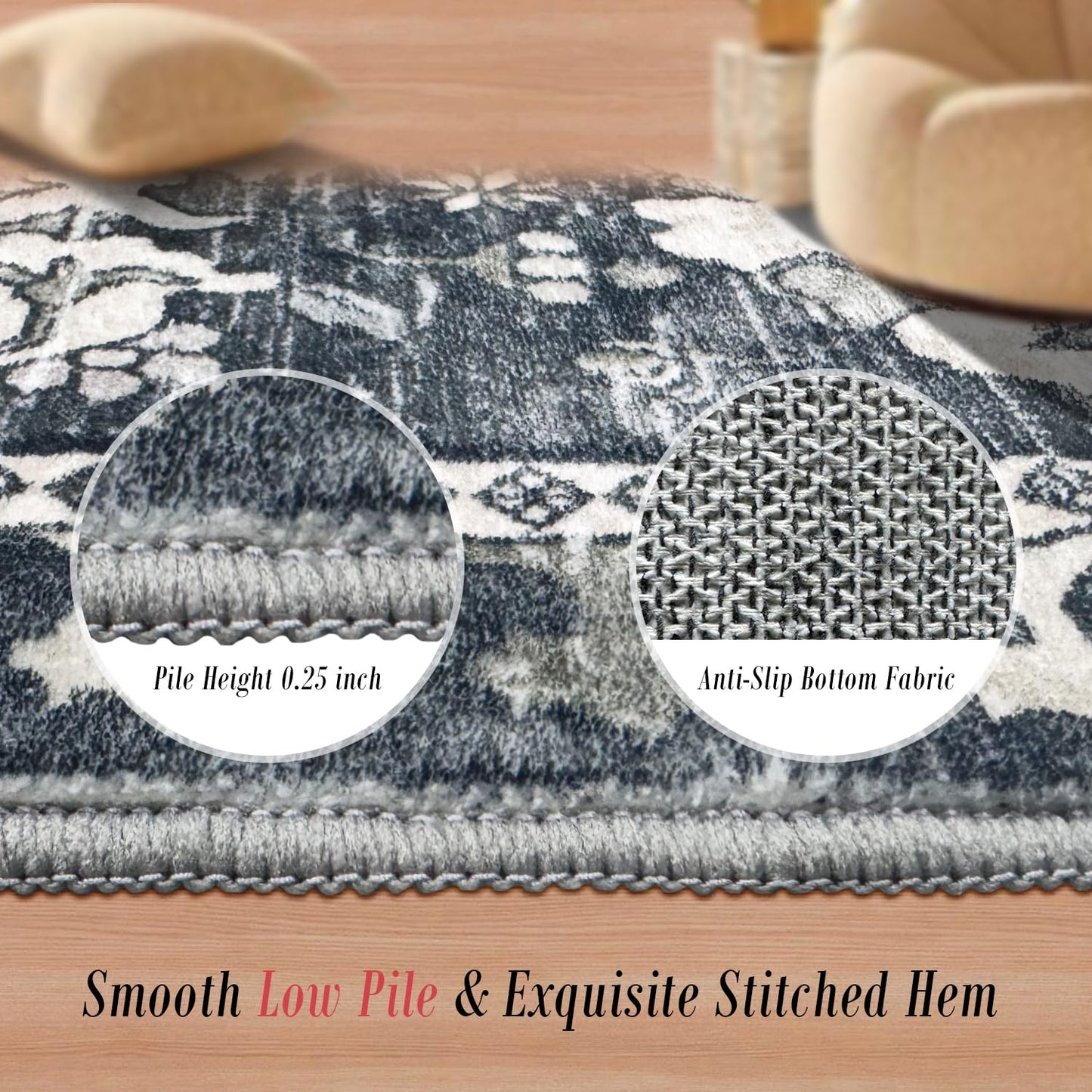 RUGSURE Washable Area Rugs - Perfect for Living Room, Bedroom, Kids Room, Nursery - Stain & Water Resistant Non-Slip, Pet & Child Friendly, Vintage Tribal Area Rugs (Grey, 3' x 5 ')