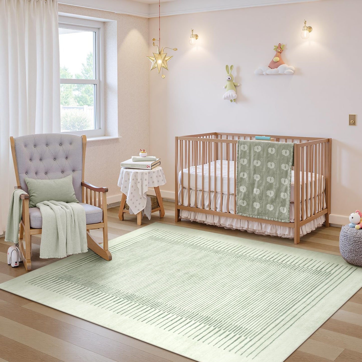 Morebes Sage Green Rug for Living Room, 5x7 Washable Area Rug for Bedroom Non Slip Modern Striped Boy Room Rug, Stain-Resistant Geometric Low Pile Soft Carpet for Nursery Dining Room