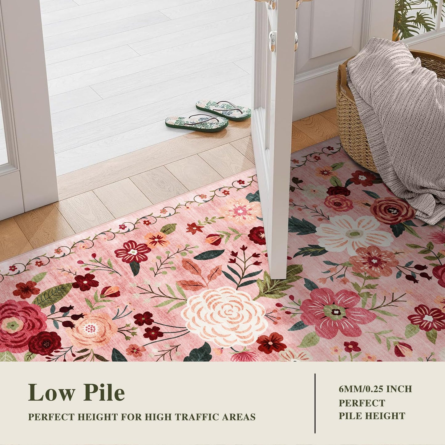 8x10 Washable Area Rug for Living Room, Floral Non-Slip Non-Shedding & Easy Care, Large Soft Low Pile Indoor Floor Carpet for Living Room, Bedroom, Farmhouse, Dining Room, Kids Playroom, Pink