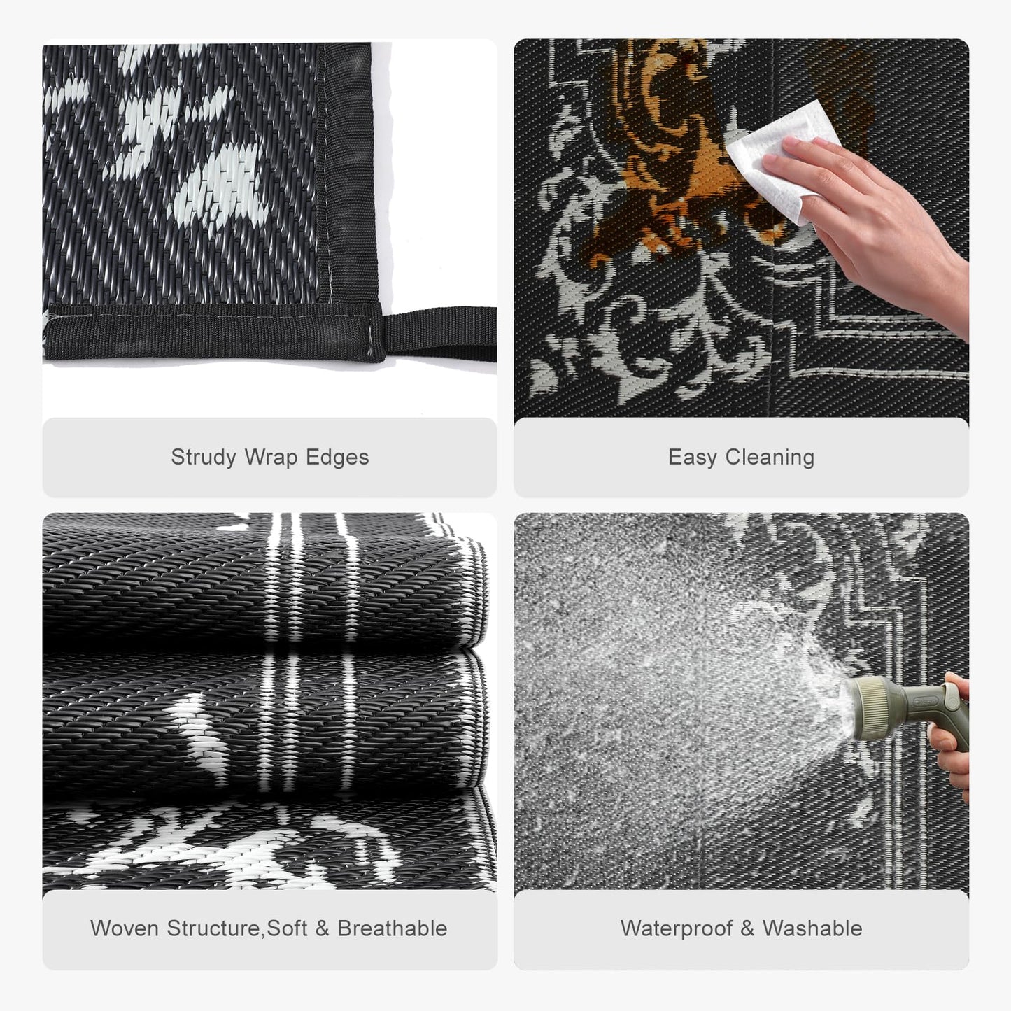 wikiwiki Outdoor Rug, 5x8ft Waterproof Reversible Mat Indoor Outdoor Rugs Carpet, Small Area Rug Plastic Straw Rug for Patio Deck Balcony Pool RV Camping Beach Picnic, Classic Black, Rugscape Series