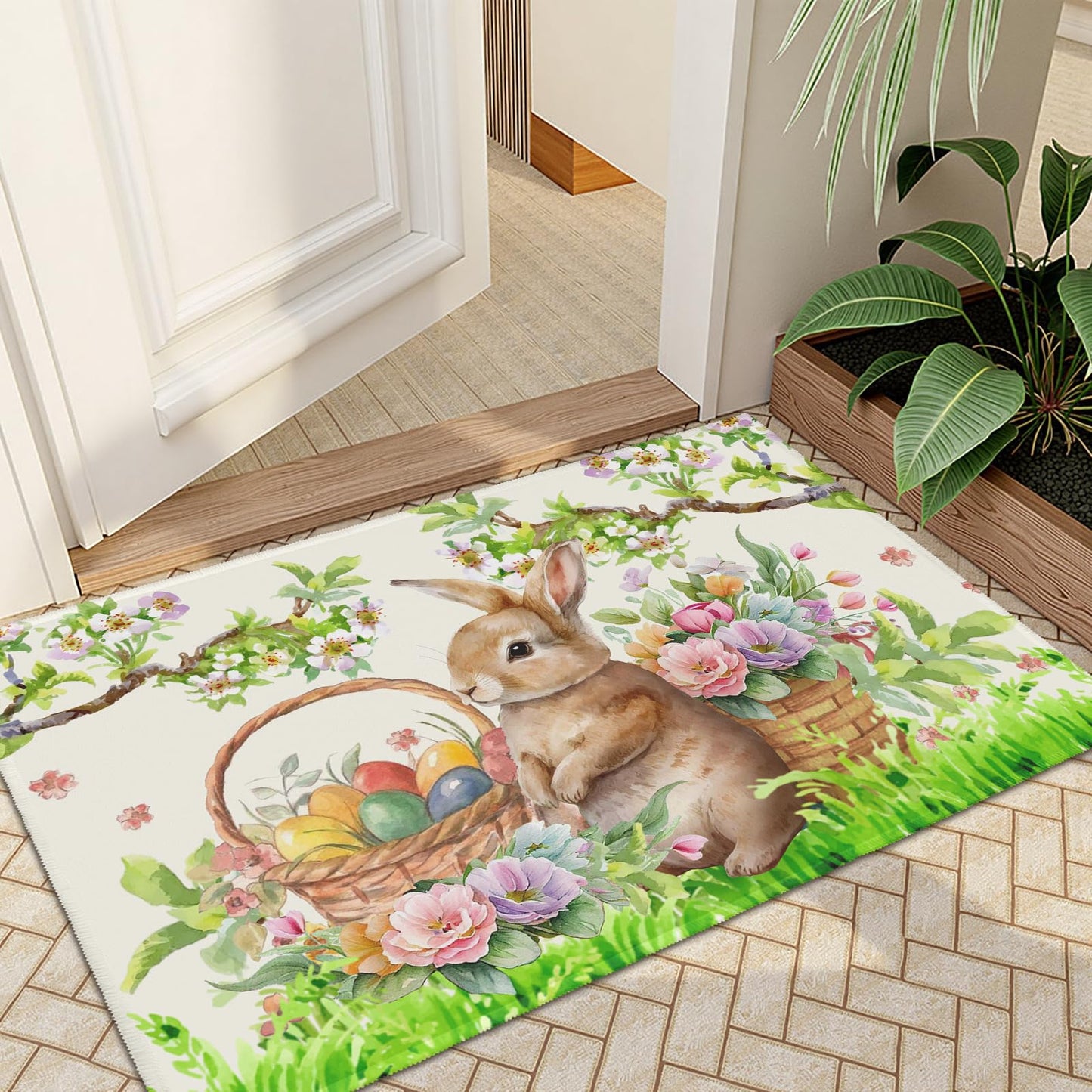 Wnoesat Easter Decorative Area Rug 2x3 Spring Easter Egg Bunny Floral Front Door Mat Rabbit Flowers Indoor Outdoor Non-Slip Small Entryway Throw Rugs for Kitchen Bathroom Living Room Bedroom