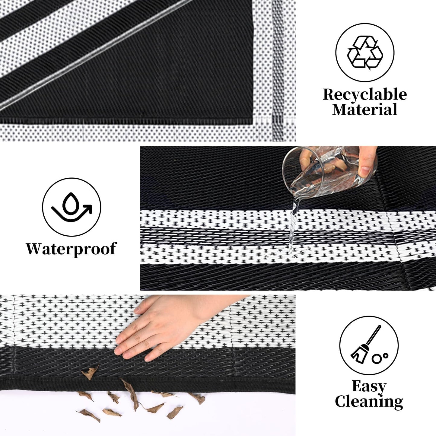 IDEALHOUSE Outdoor Rug, 320GSM Thick PP Woven, Modern Border A, Reversible Foldable, Lightweight Anti Scuff, Decorative Floor Mat for Patio Balcony Camping, Black White 10x14ft