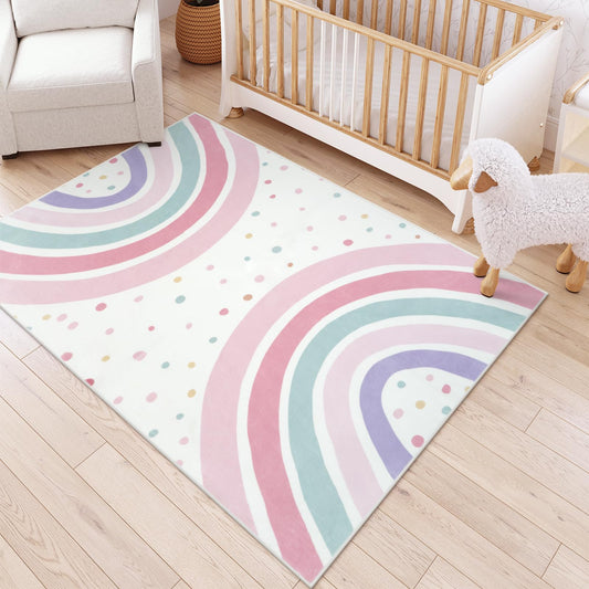 STARUIA 5x7 Washable Rainbow Rug for Girls Bedroom, Soft Polka Dot Pink Rug for Girls Room Nursery, Non-Slip Large Kids Carpet Area Rug for Playroom Classroom Kids Room Princess Castle