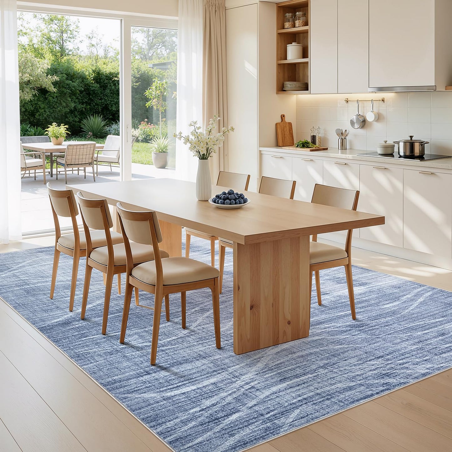 WITSHOCK 9x12 Area Rug, Washable Rugs for Living Room, Large Rug Thin Carpet Non Slip Stain Resistant Soft Carpets, Modern Wave Striped Rugs for Bedroom Dining Room Office Kitchen Nursery, Blue