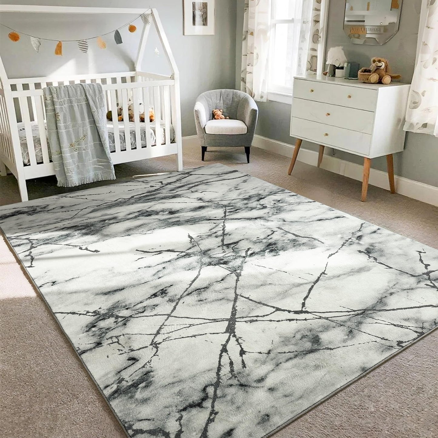 Przemy Area Rugs for Living Room, 4x6 Washable Rug for Bedroom, Modern Non Slip Carpet for Dorm Hallway Nursery Dining Room Office, Grey and White