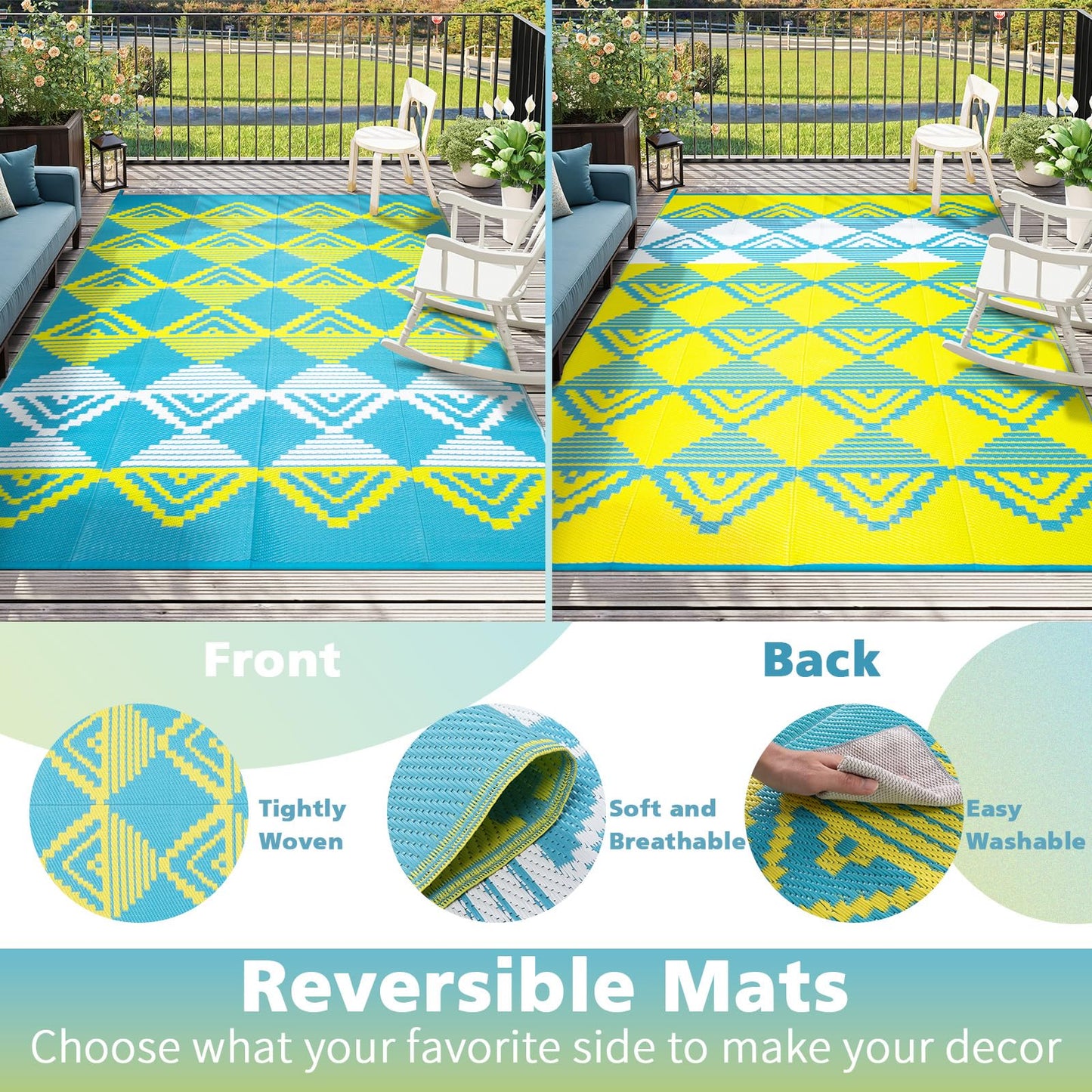 Beeiva Large Outdoor Rug 9x12 Waterproof for Patio, Reversible Outdoor Patio Rug for Backyard, Deck, Blue Yellow
