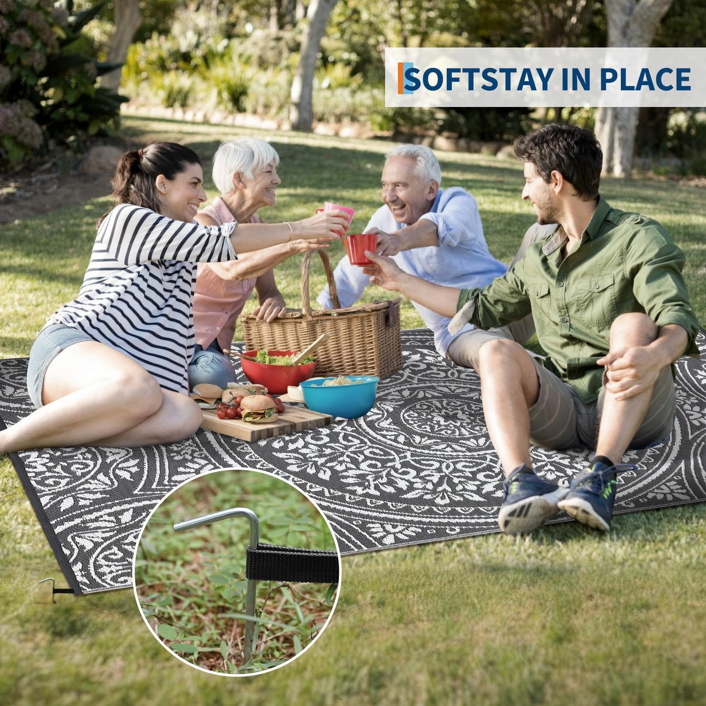 GarveeHome Large Waterproof Outdoor Rug 9x18 Reversible Floral Plastic Straw Rug, Durable UV Resistant Outdoor Carpet, Portable RV Camper Picnic Mat with Stakes & Carry Bag for Yard Poolside, Grey