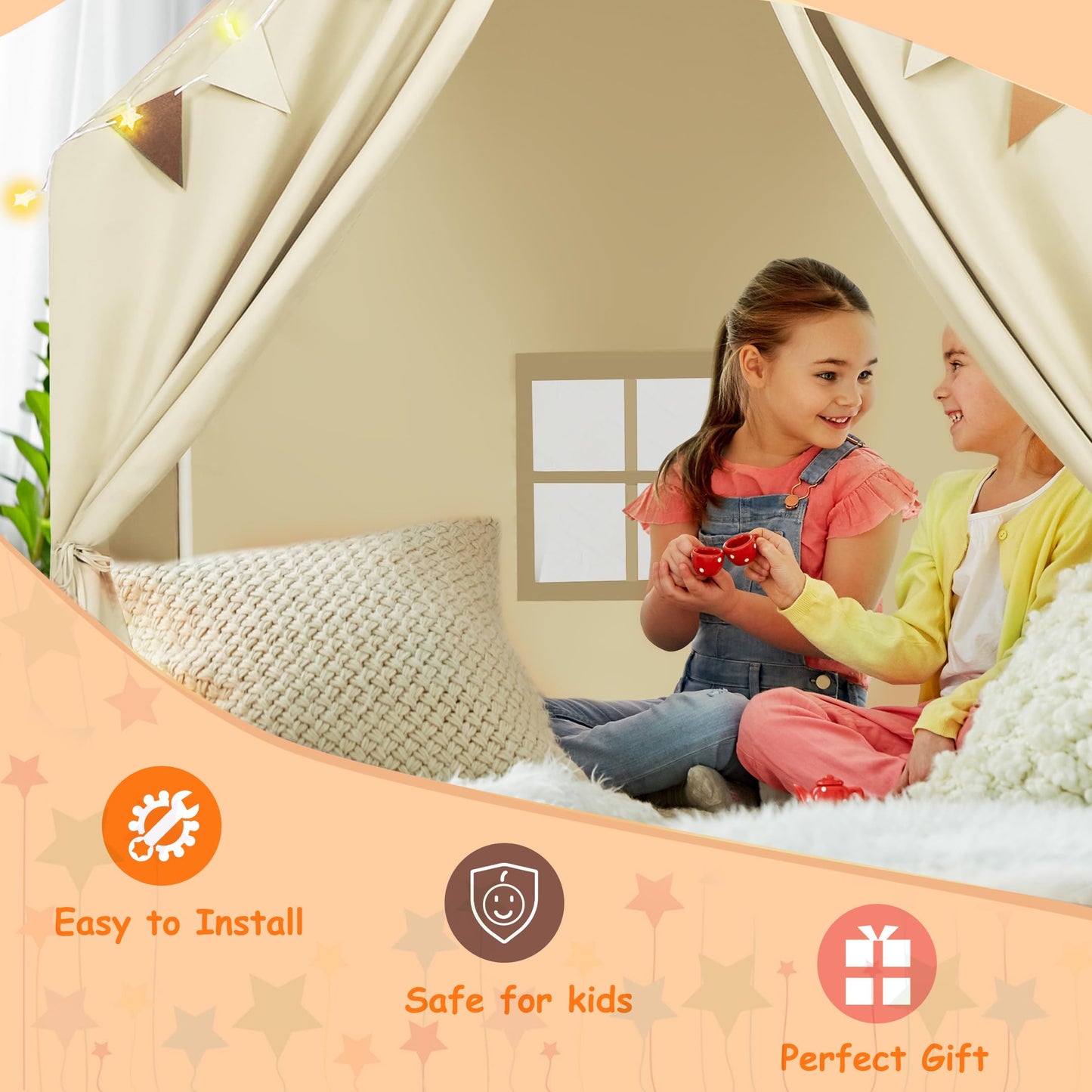 MORITECK Kids Play Tent with Padded Mat & Star LED Lights for Ages 4-8-10 Year Old Girls Boys, Large Cute Indoor Play Room House Tent for Toddler Children (Beige)