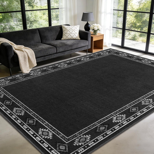 QDUIDU Large Area Rug for Bedroom Living Room, 4x6 Feet Ultra Soft Dark Grey Rugs Washable Modern Geometric Bordered Non Slip Low Pile Carpets Home Decor