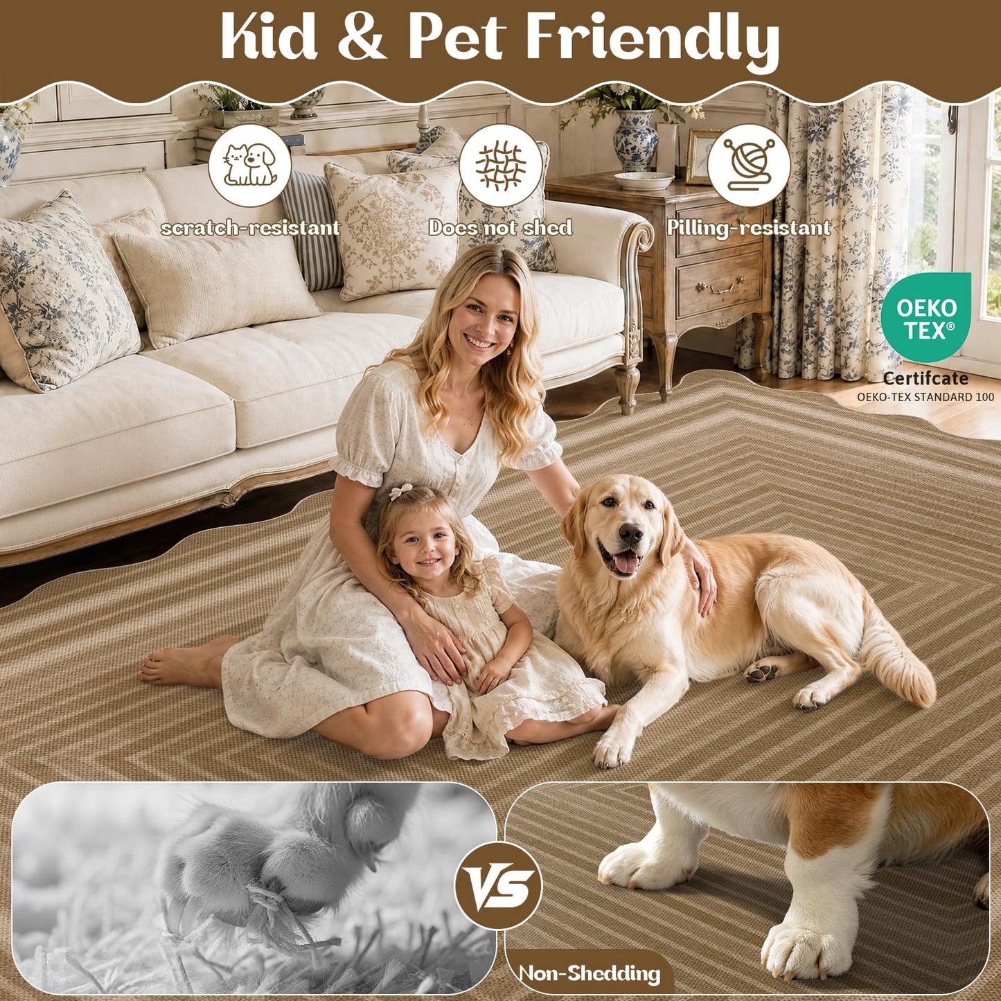 Yamaziot Washable Indoor Outdoor Rug 5x8, Scalloped Geometry Faux Tan Jute Outdoor Carpet Non Slip Modern Woven Textured Patio Rug for Backyard Balcony Deck, White