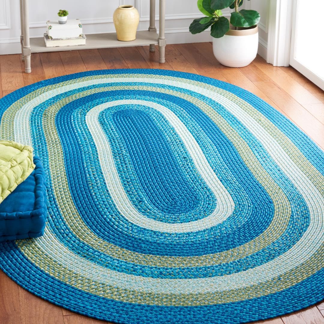SAFAVIEH Washable Rug Outdoor Braided Collection - 4' x 6' Oval, Aqua & Green, Handmade & Reversible, Non-Shedding & Easy to Clean, Ideal for Patio, Backyard, Mudroom (BRA230J)