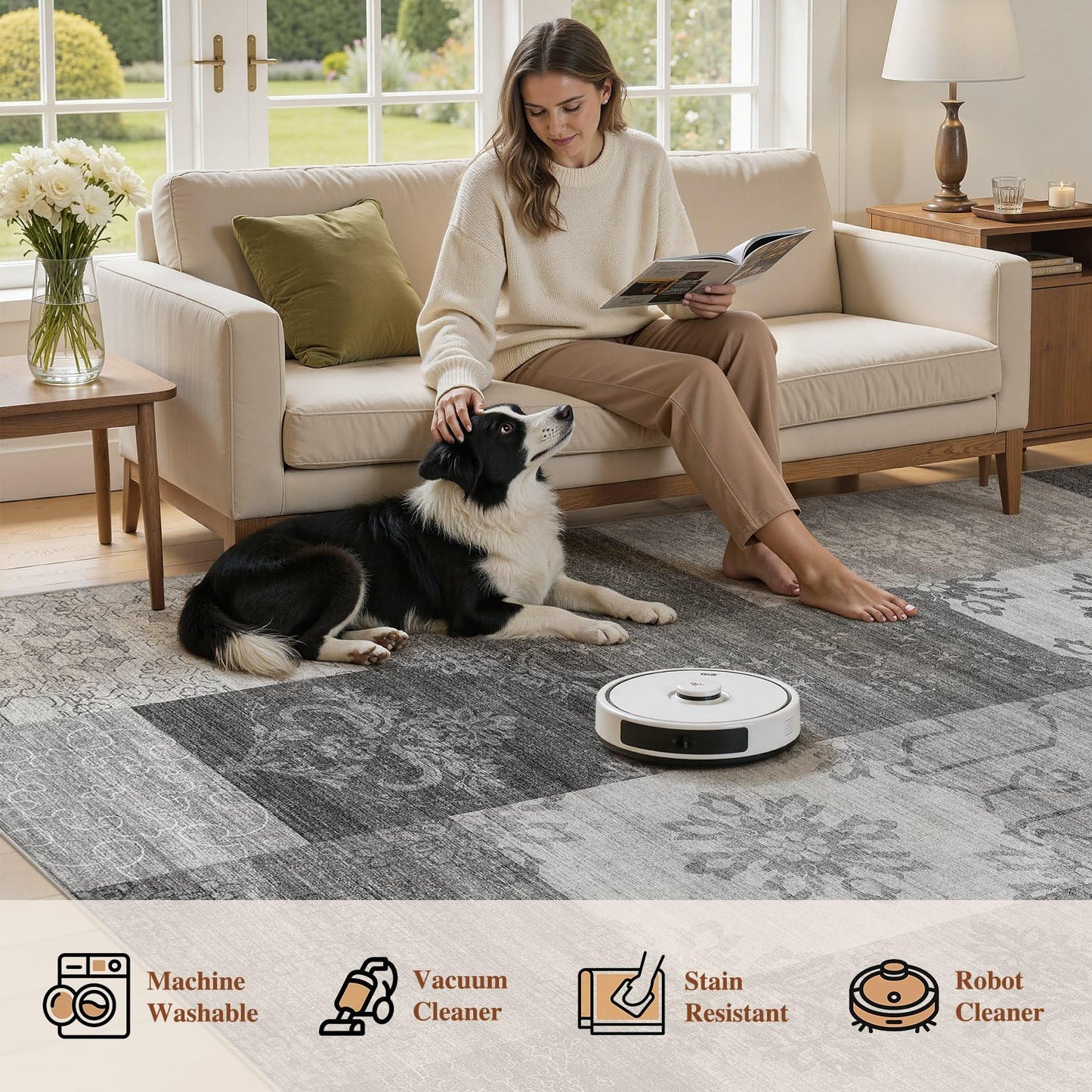 UERMEI 8x10 Area Rug Washable, Gray Modern Geometric Rugs for Living Room, Non-Slip Patchwork Carpet, Stain Resistant Low-Pile Foldable Rug for Bedroom Dining Room