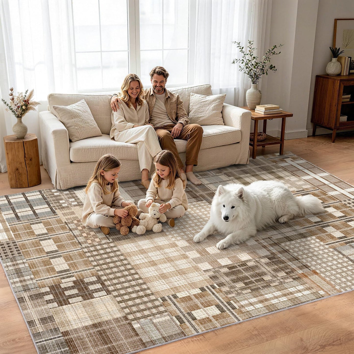 Rezutan Washable Rug 4x6 Plaid Rugs for Bedroom Non-Slip Neutral Floor Mat Indoor Soft Carpet Low Pile Foldable Thin Rugs for Living Room Dining Nursery Office, Caramel Beige Brown Gray