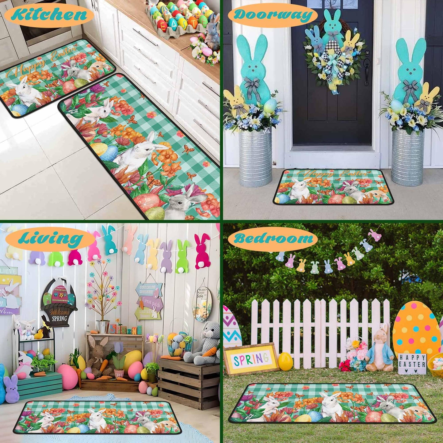OUXIOAZ Happy Easter Flowers Eggs Bunny Rabbits Kitchen Rugs Set of 2, Spring and Summer Holiday Decorations for Home Kitchen 17"x47"+17"x30"