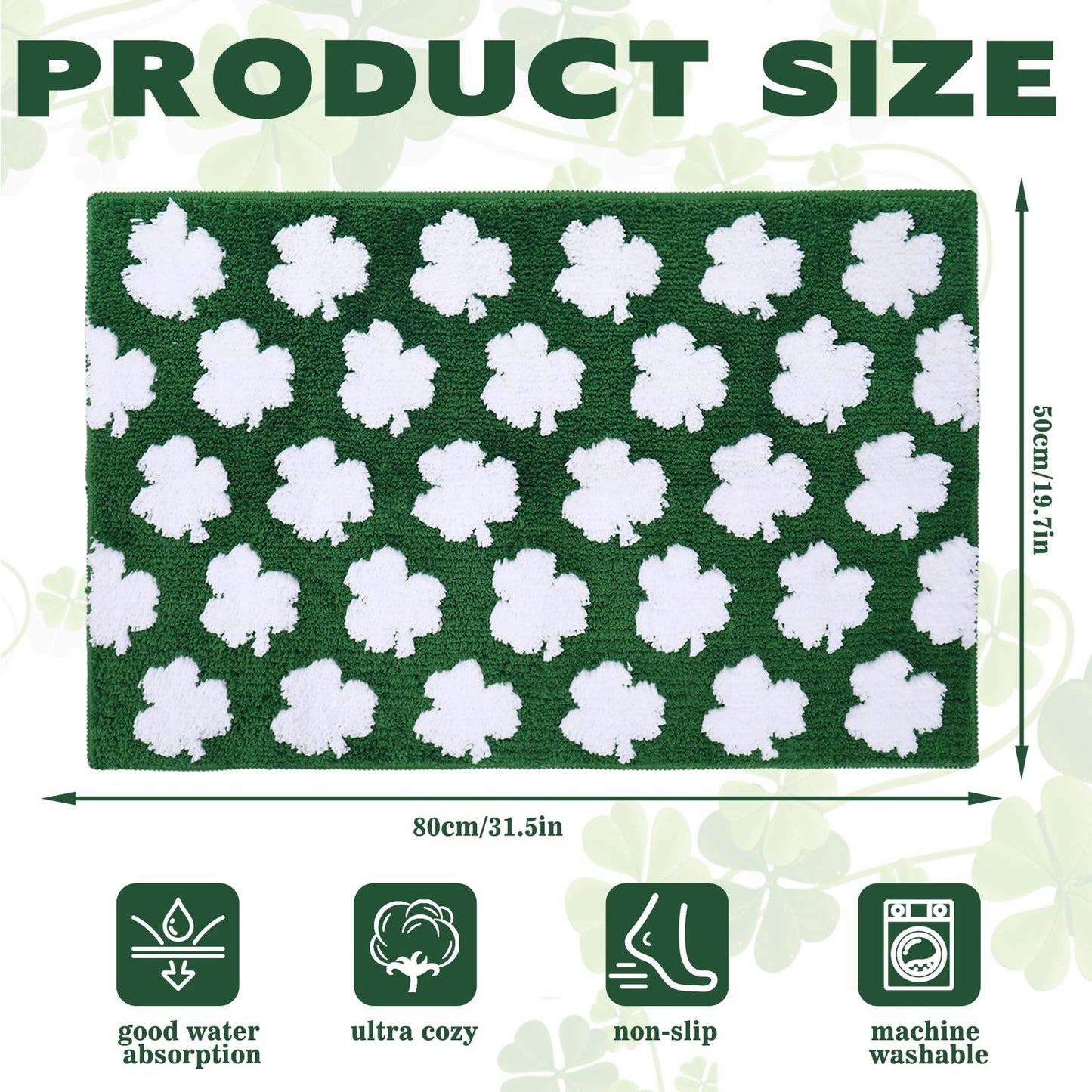 FYSUIMU St. Patrick's Day Rug Bath Mat 19.7 x 31.5” Absorbent Floor Carpet Non Slip Green White Shamrock Lucky Clover Bathroom Rug for Irish Holiday Home Bathroom Floor Decoration