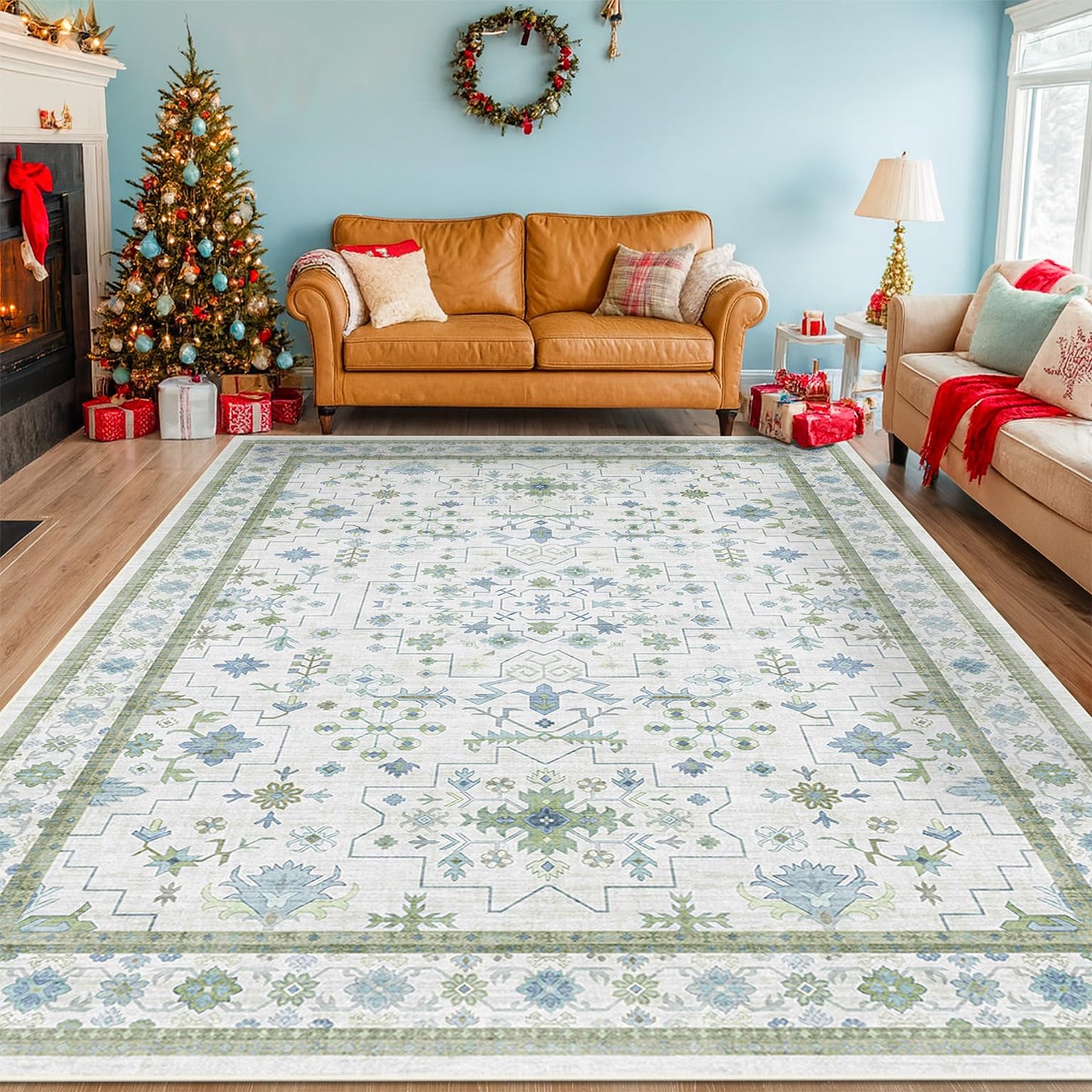 Hazo Haus Blue and Green Living Room Rug 8x10 - Cream Oushak Vintage Boho Floral Farmhouse, Washable Low Pile Non-Slip Extra Large Area Rugs for Bedroom, Girls, Boys, Playroom, Lounge