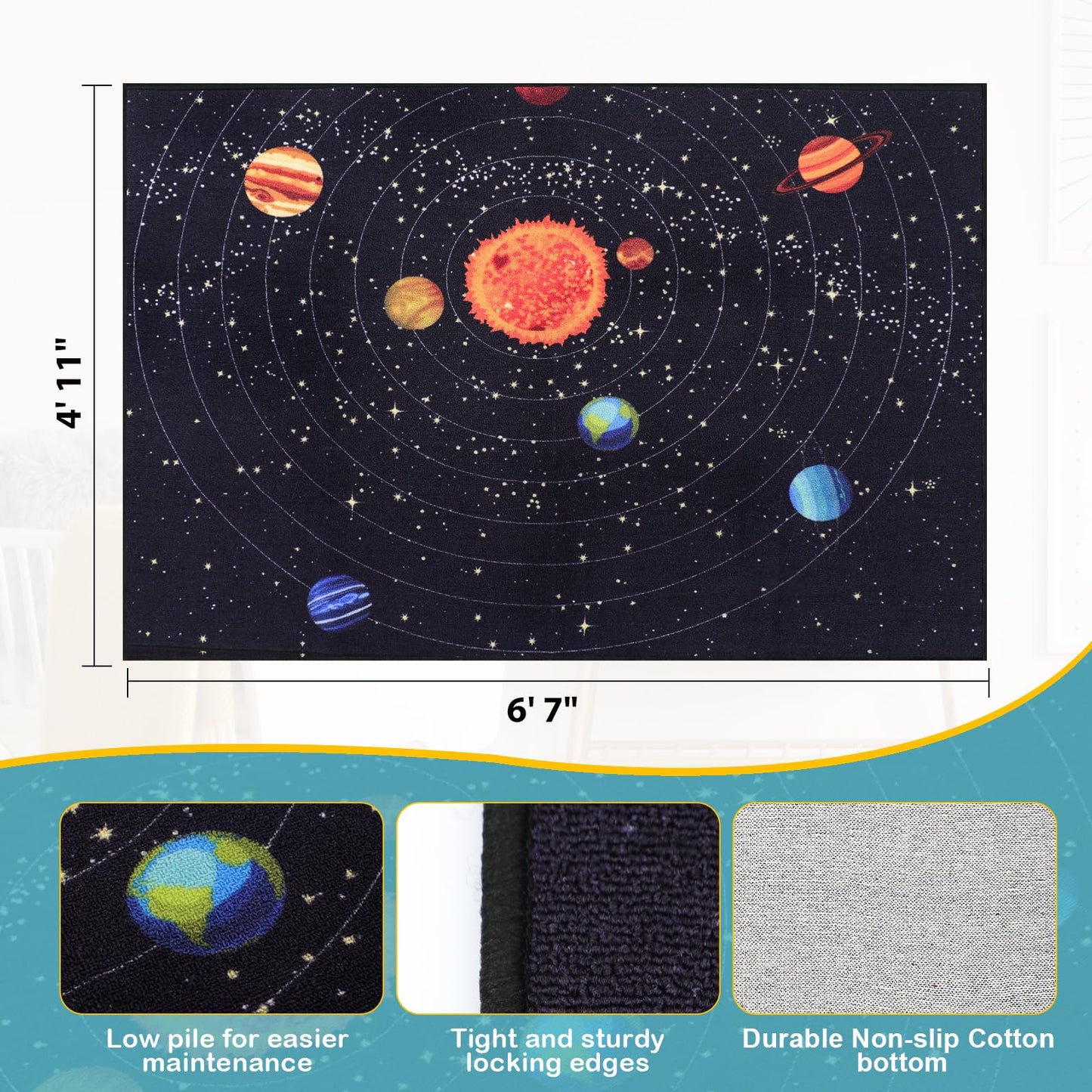 PCSWEET HOME Outer Space Kids Rug for Bedroom Educational Rug for Playroom 4' 11" x 6' 7" Washable Kids Play Mat for Living Room Large Area Rug for Living Room